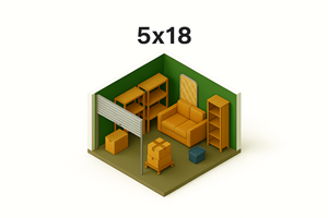 A 3D rendering of a room with furniture and a green wall with the text "5x18" on it.