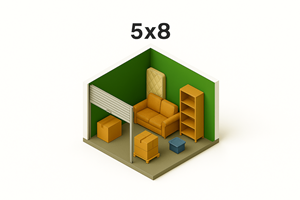 A 3D rendering of a room with a green wall and a sofa.