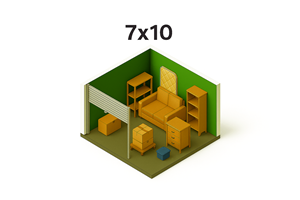 A 3D image of a room with furniture and a green wall with the text 7x10.