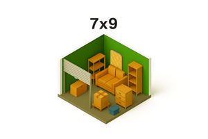 A green box with the dimensions 7x9 is shown with various items inside.