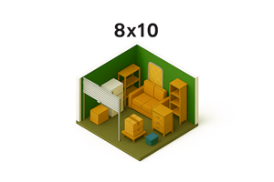 A 3D image of a room with furniture and a green wall with the text 8x10 on it.