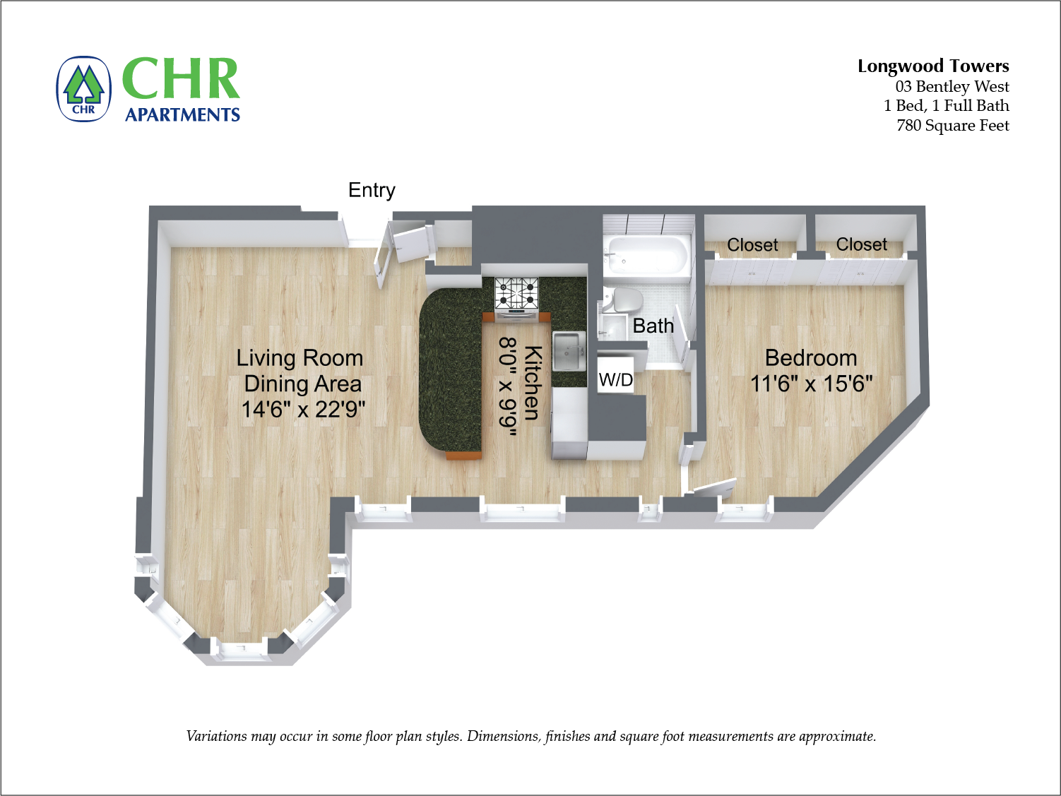 Floor plan Bentley - 1 Bed/1 Bath image 2