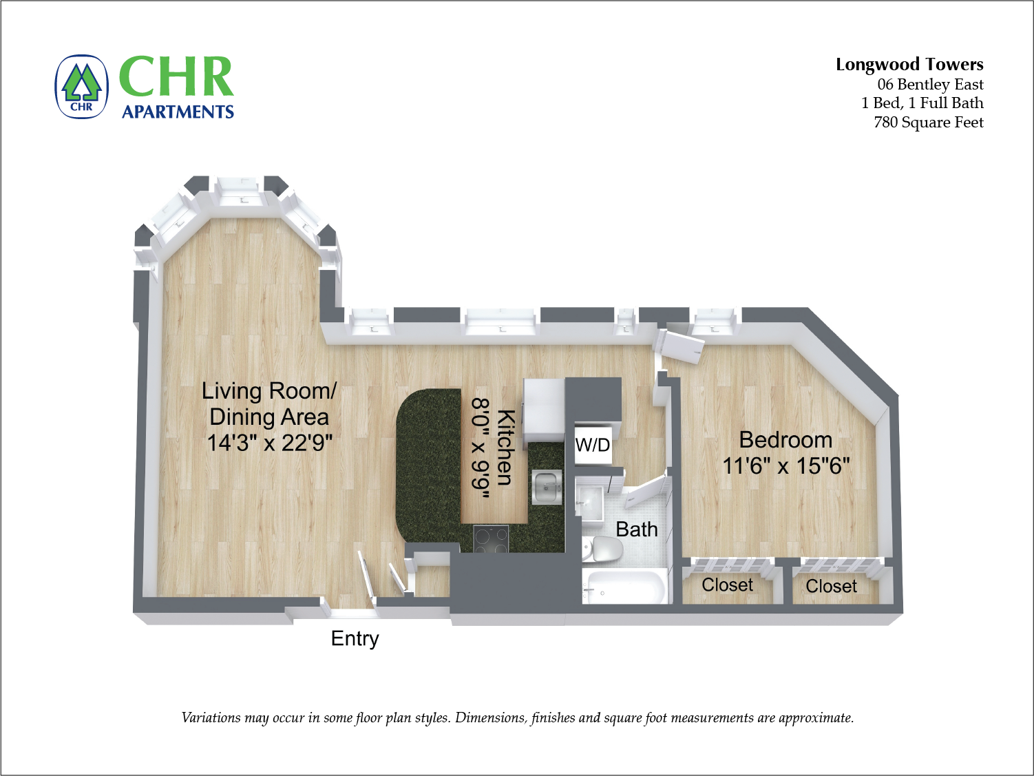 Floor plan Alden Tower - 1 Bed/1 Bath image 1