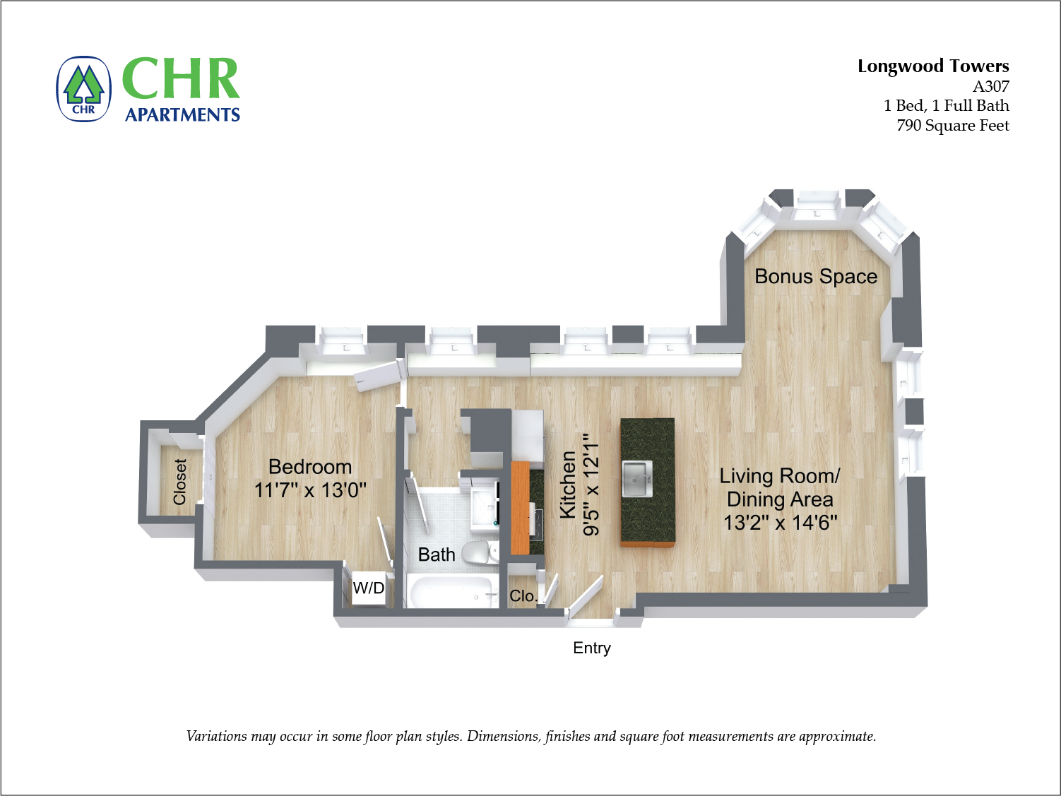 Floor plan Alden Tower - 1 Bed/1 Bath image 3