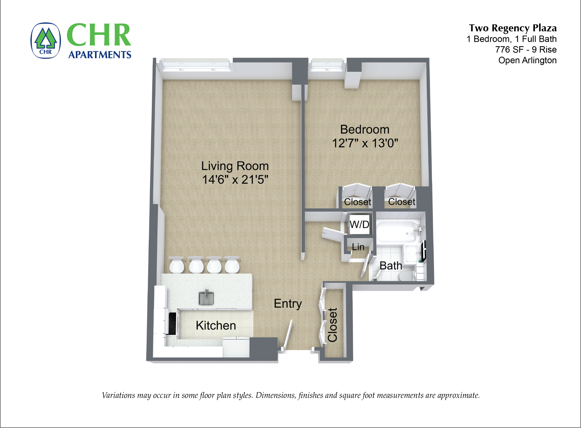 Floor plan 1 Bed/1 Bath with Open Kitchen image 5