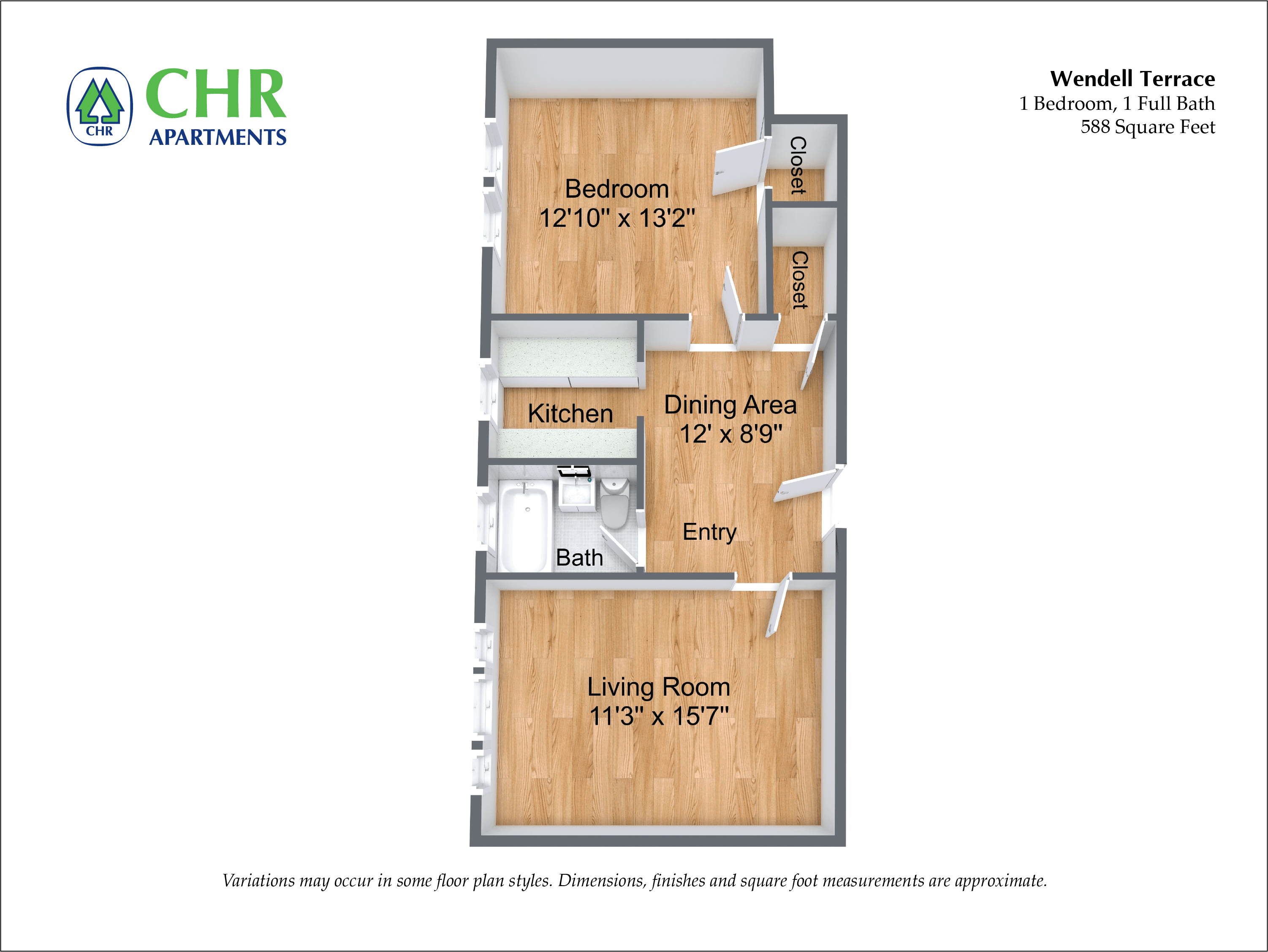 Floor plan 1 Bedroom/1 Bath image 2