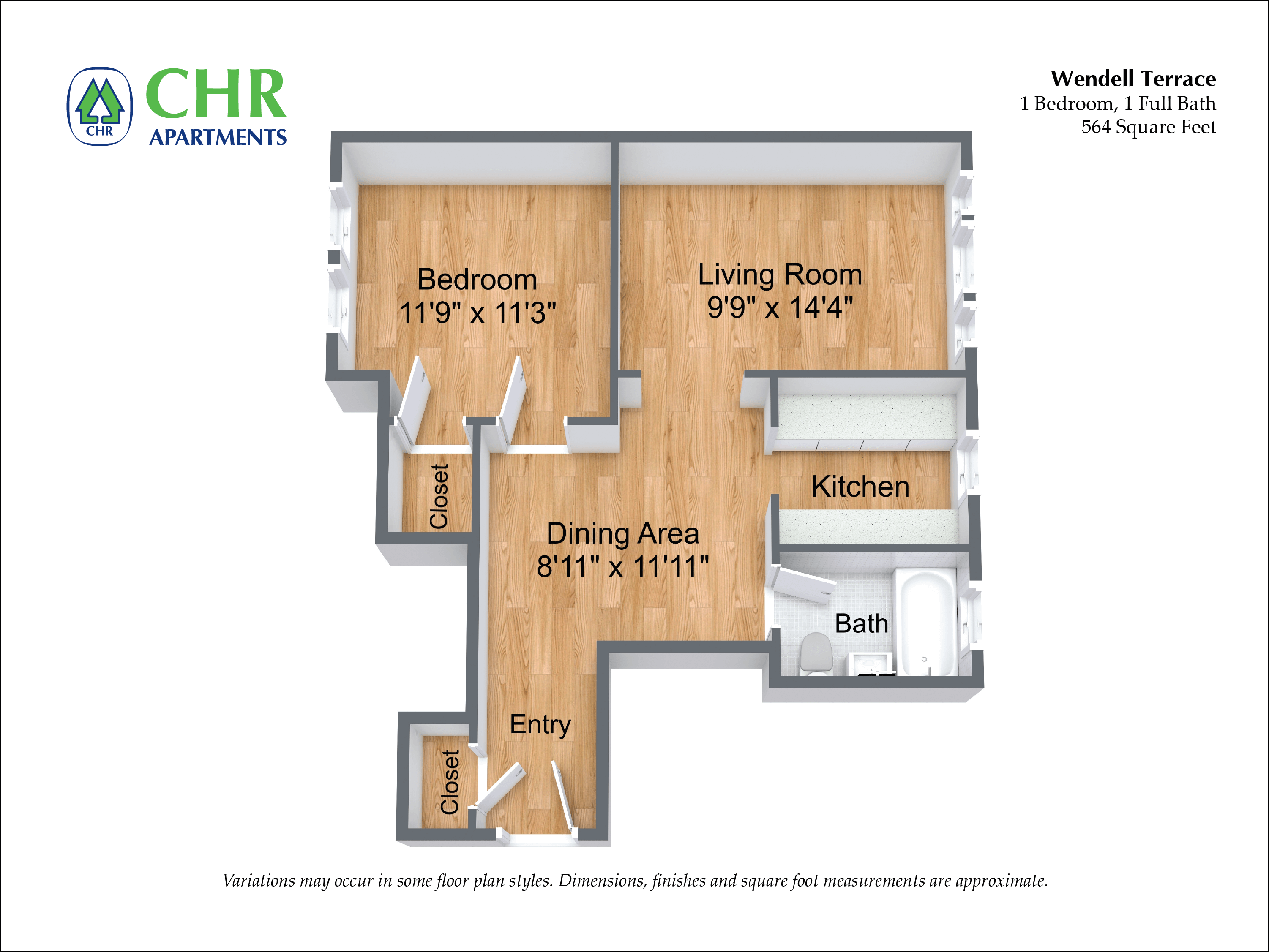 Click to view 1 Bedroom/1 Bath floor plan gallery