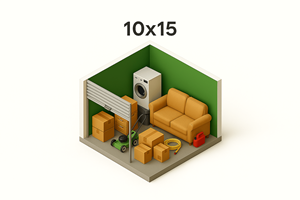 A 3D rendering of a room with a couch, a camera, and boxes.