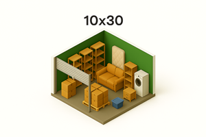 A 10x30 room with furniture and a washing machine.