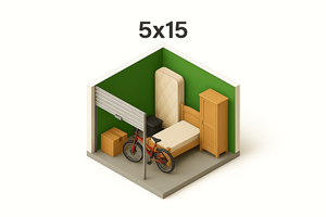 A 3D rendering of a room with a bicycle, a chair, and a cabinet.