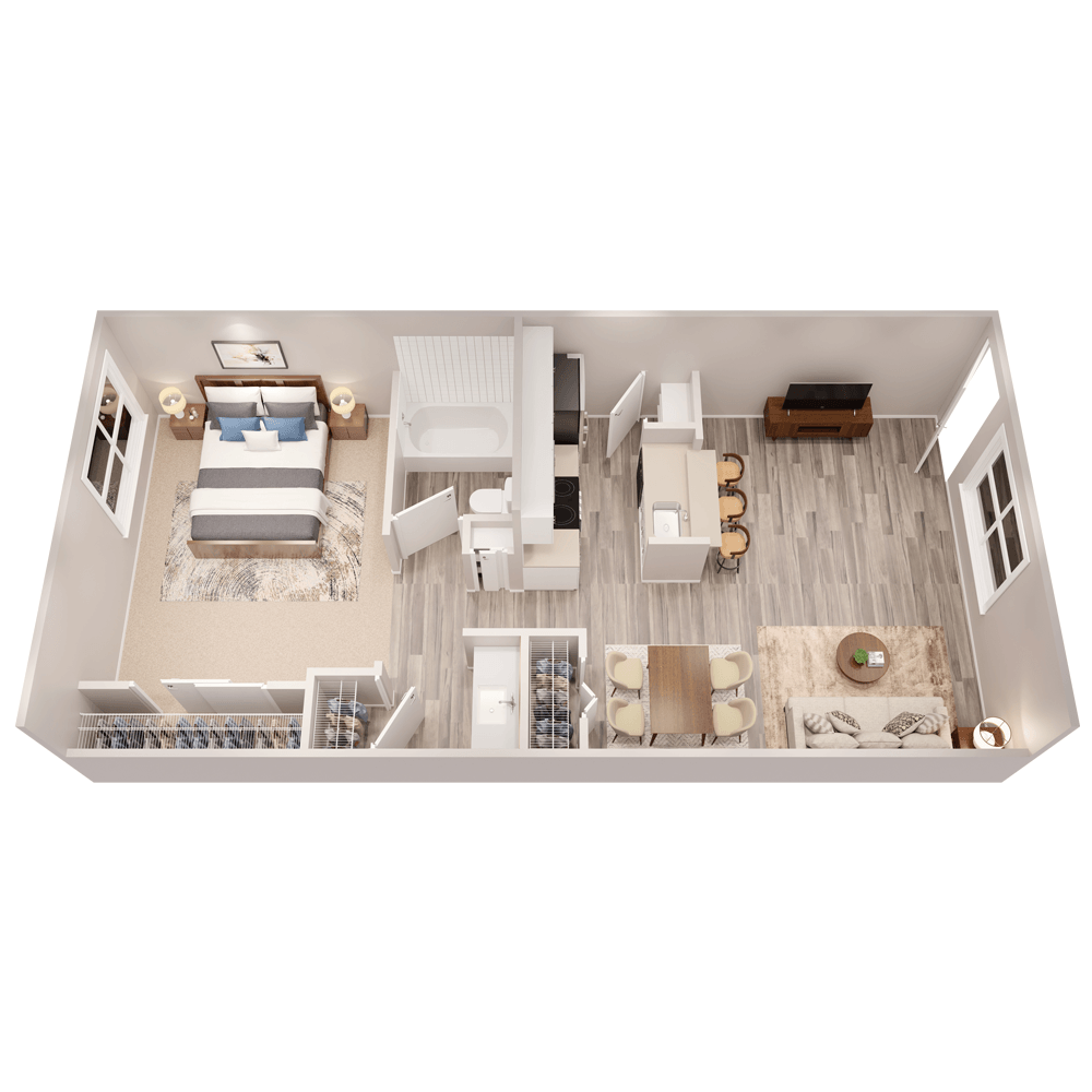 3D apartment layout preview at Parq on 50th Apartments.