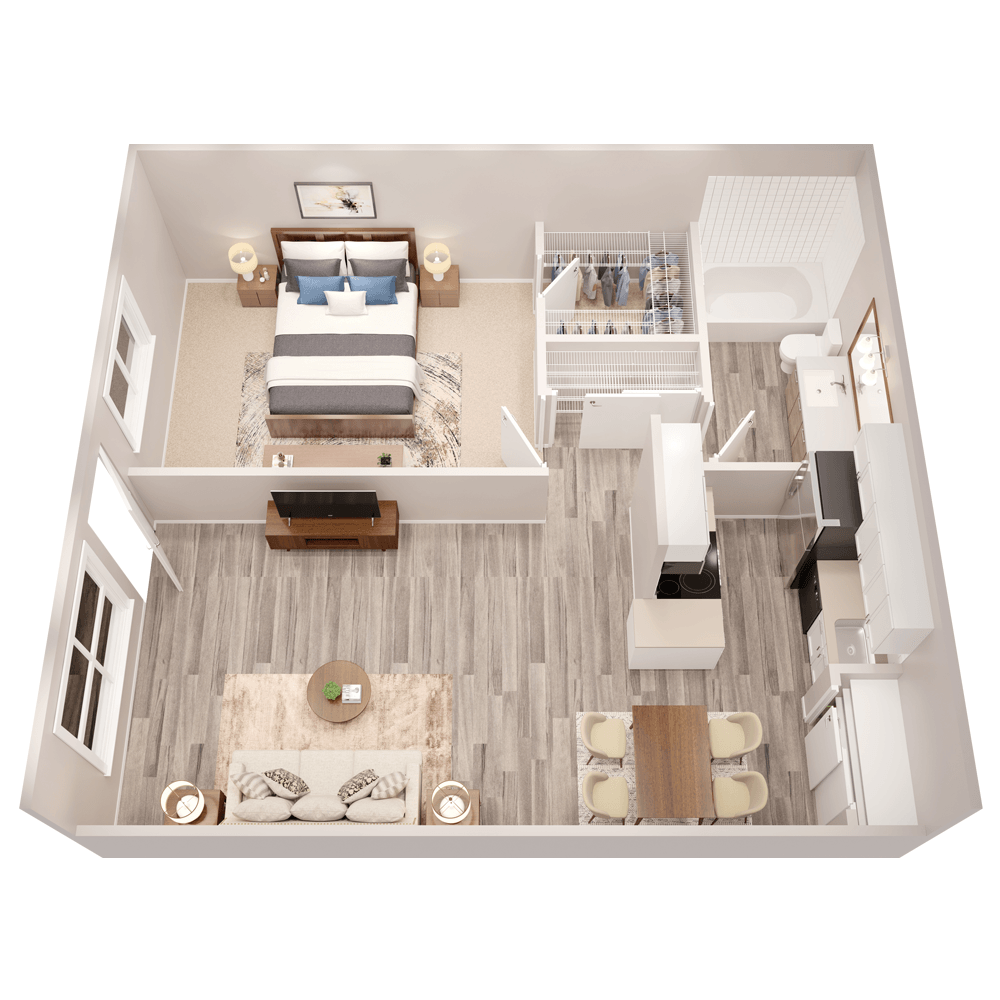 3D apartment layout preview at Parq on 50th Apartments.