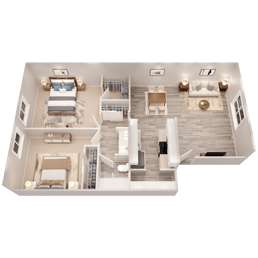3D apartment layout preview at Parq on 50th Apartments.