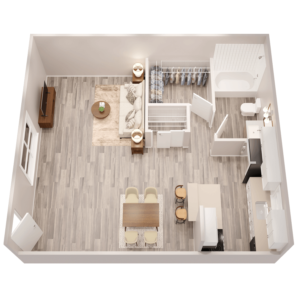 3D apartment layout preview at Parq on 50th Apartments.