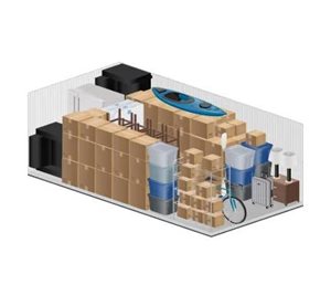 A 3D diagram of a building with a blue roof and a clock on the bottom right.