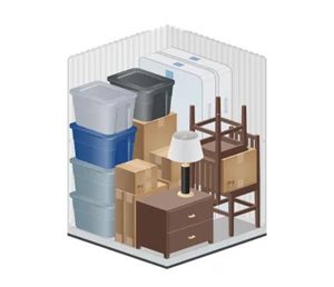 A white radiator is behind a stack of plastic bins, a wooden desk, and a wooden chair.