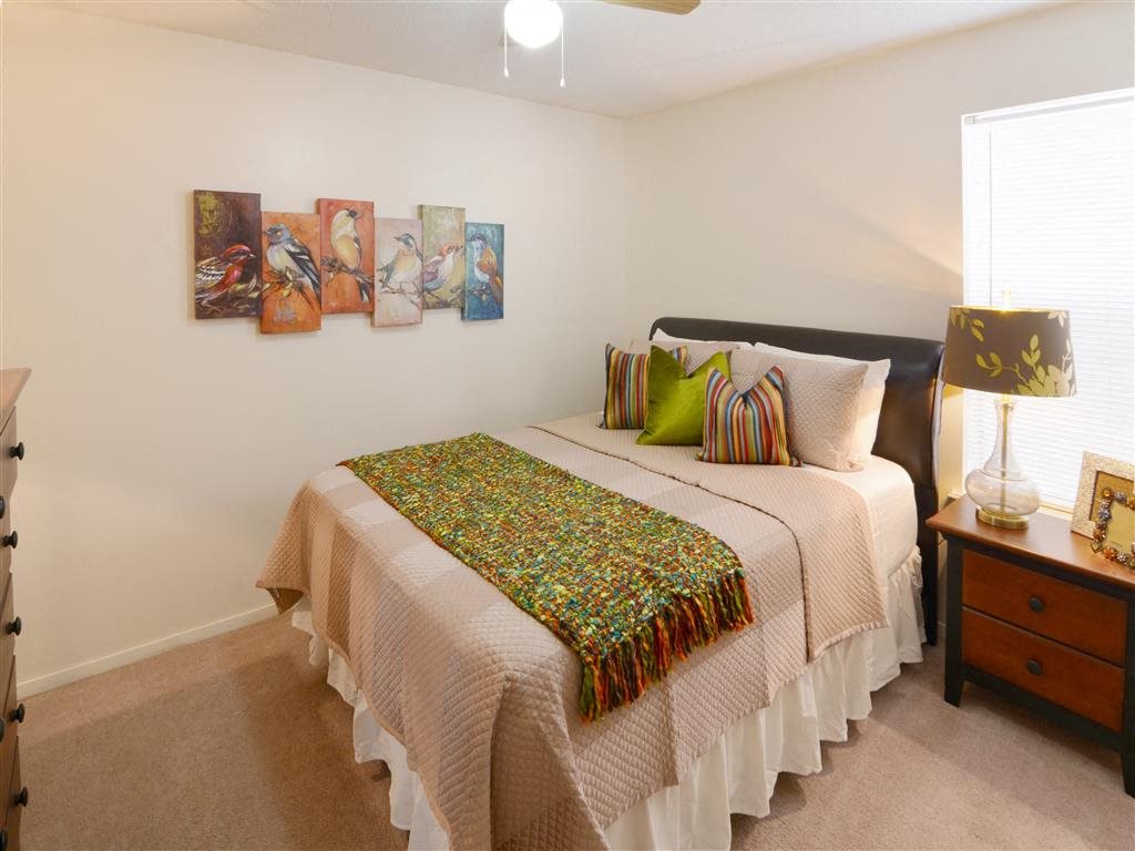 a bedroom with a bed and a dresser and a window