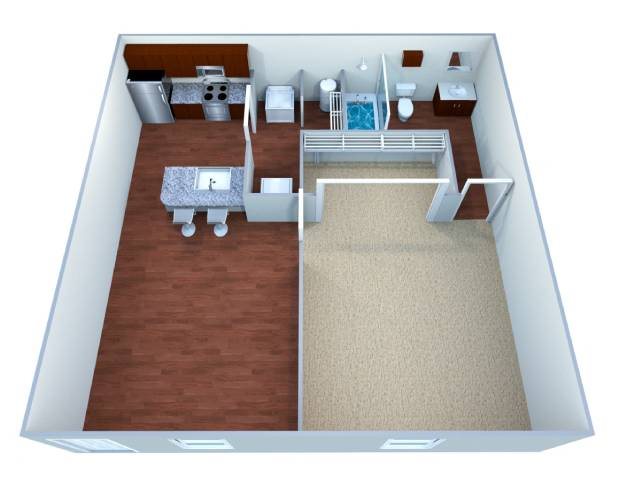 A 3D image of a small apartment with a kitchen, living room, and bathroom.
