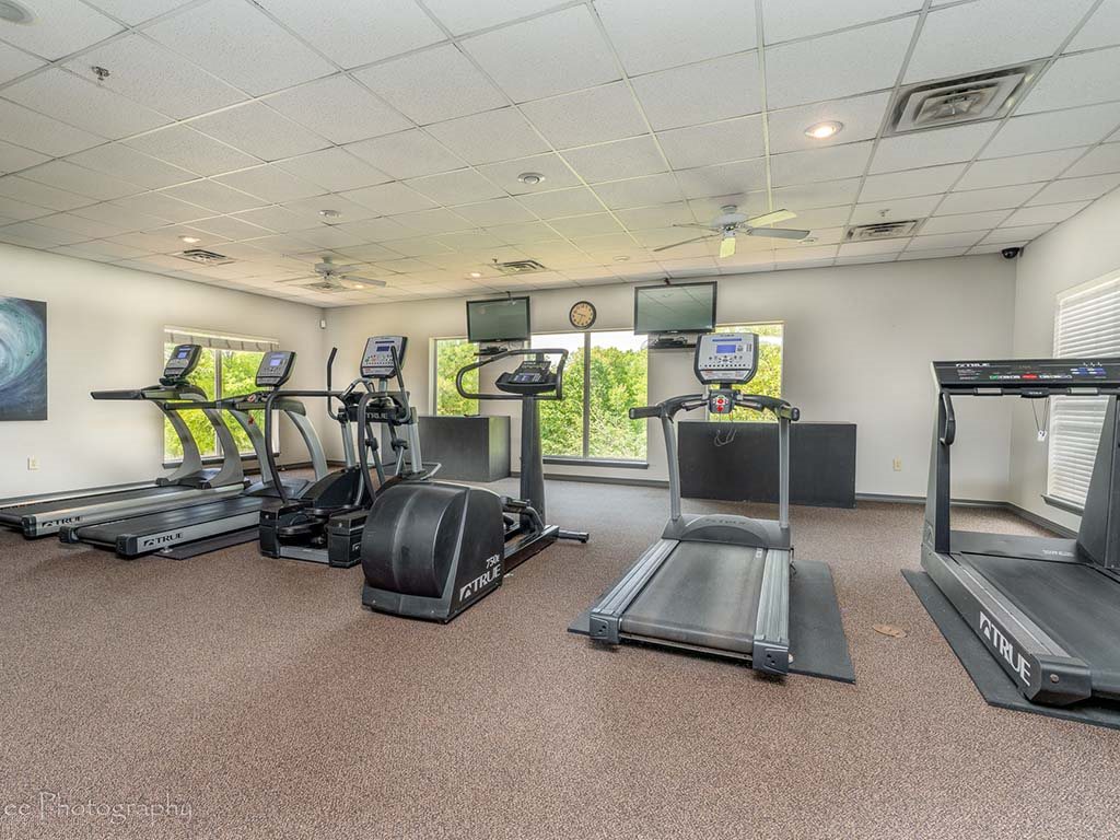 A gym with treadmills, elliptical machines, and a weight machine.