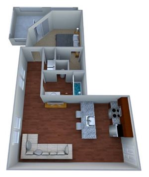A 3D floor plan of a house with a kitchen, living room, and bathroom.