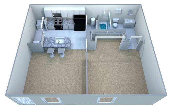 A 3D image of a dollhouse interior with a kitchen, living room, and bedrooms.