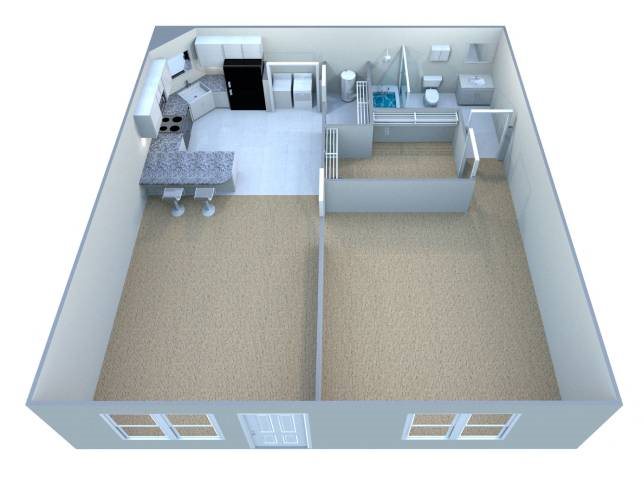 A 3D image of a small room with a bed, a desk, and a chair.