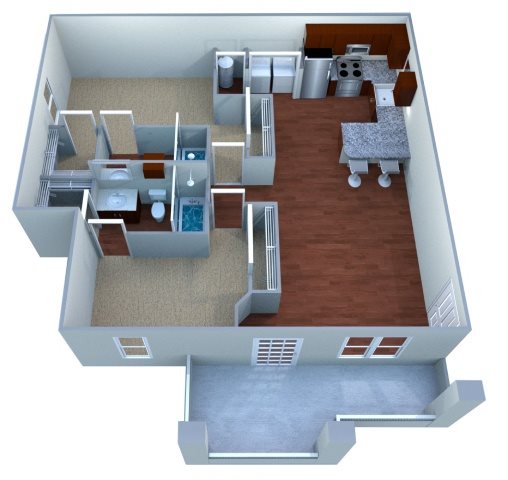 A 3D rendered image of a house layout.