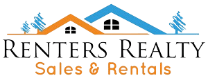 A logo for Renters Realty featuring a house and trees.