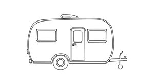 A black and white line drawing of a camper.