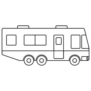 A black and white line drawing of a camper.