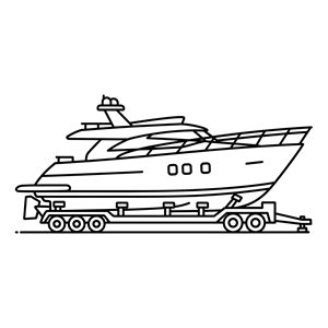 A black and white drawing of a boat on a trailer.