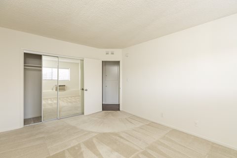 Bedroom with Carpet Floors and Mirrored Wardrobe Closet