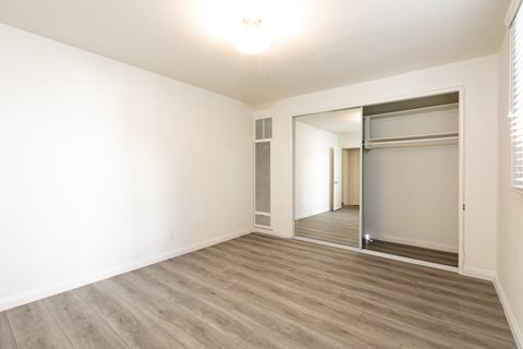 Bedroom with Hardwood Floors and Mirrored Wardrobe Closet