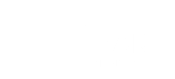 a white and black logo for the drake apartments