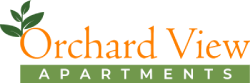 the logo for orchard view apartments on a green background