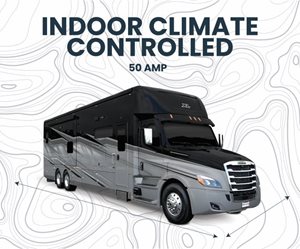A black RV with the text "INDOOR CLIMATE CONTROLLED 50 AMP" on a white background with a topographic map design.