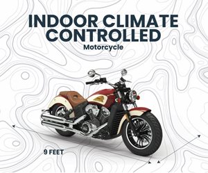 A motorcycle is displayed with the text "INDOOR CLIMATE CONTROLLED" above it.