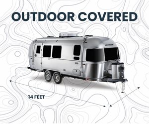 A silver camper van with the text "OUTDOOR COVERED" and "14 FEET" on a background of contour lines.