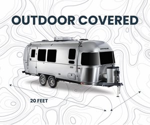 A silver Airstream trailer is displayed with the text "OUTDOOR COVERED" above it.