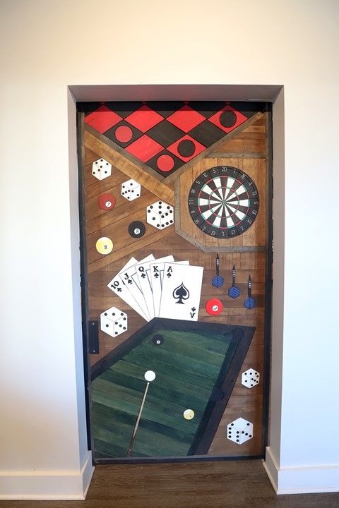 Clubhouse Game Room Custom Inlaid Wood Barn Door