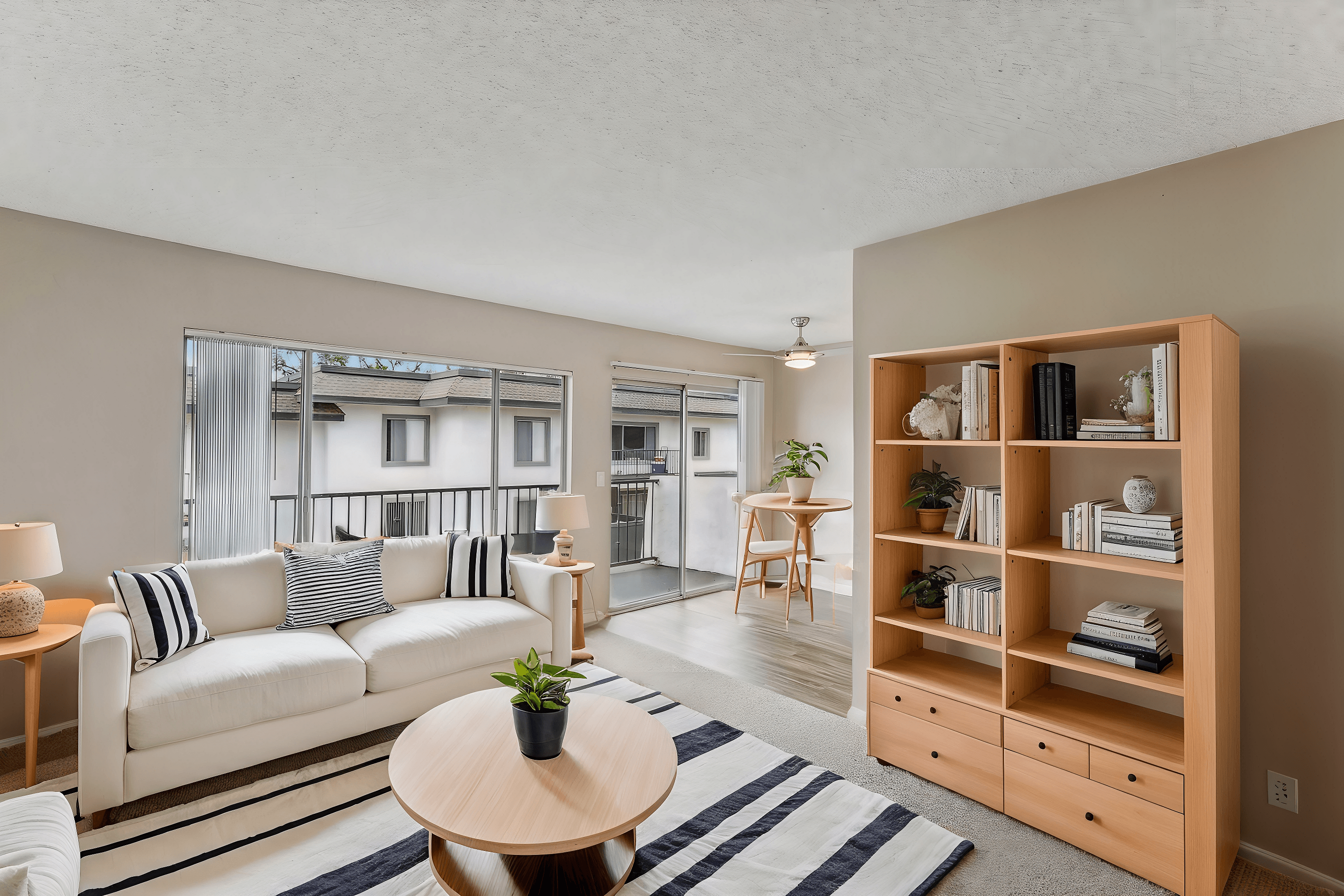 A living room with a white couch and a wooden bookshelf.