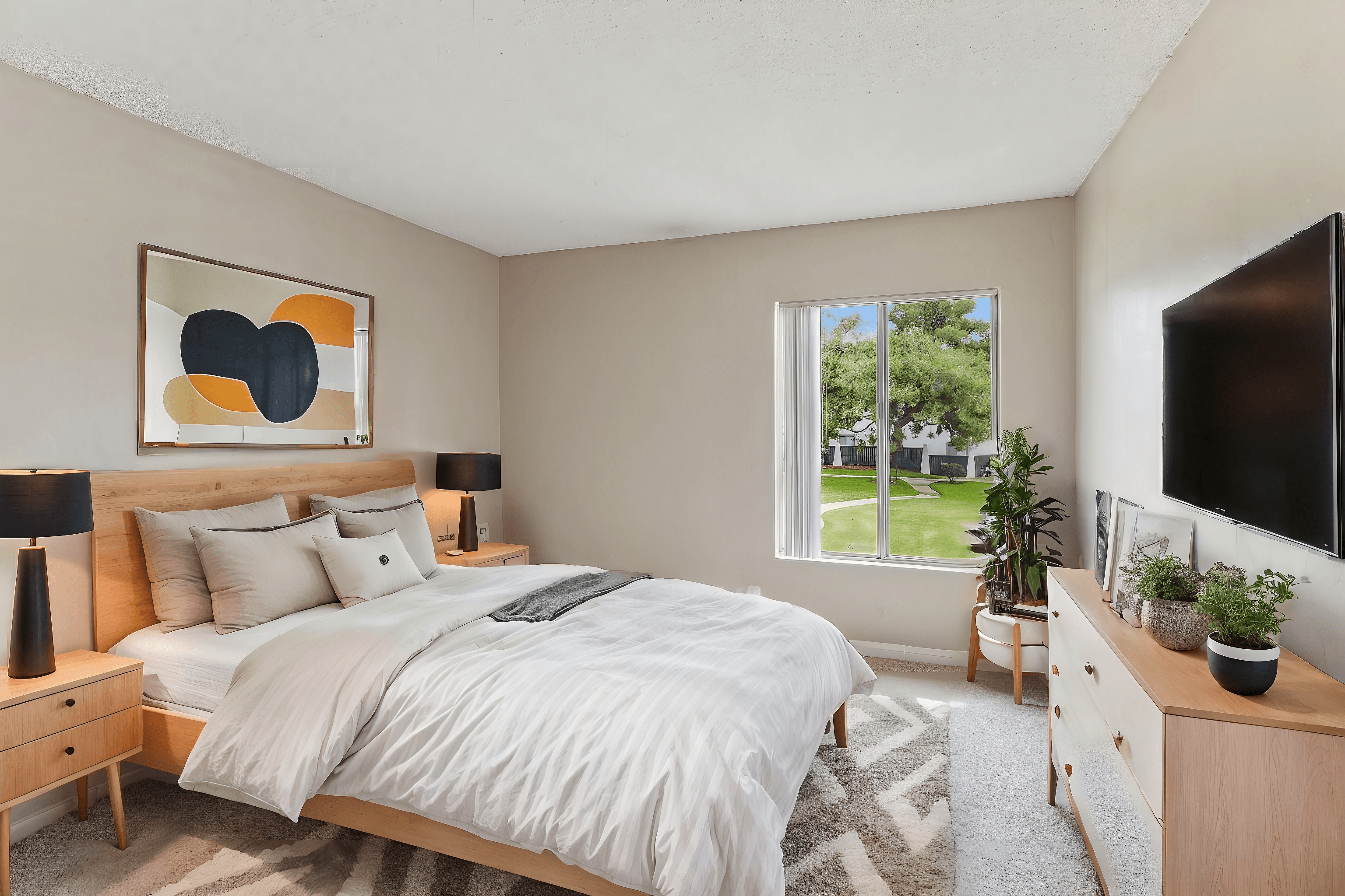 A bedroom with a large bed, a nightstand, and a window overlooking a green lawn.