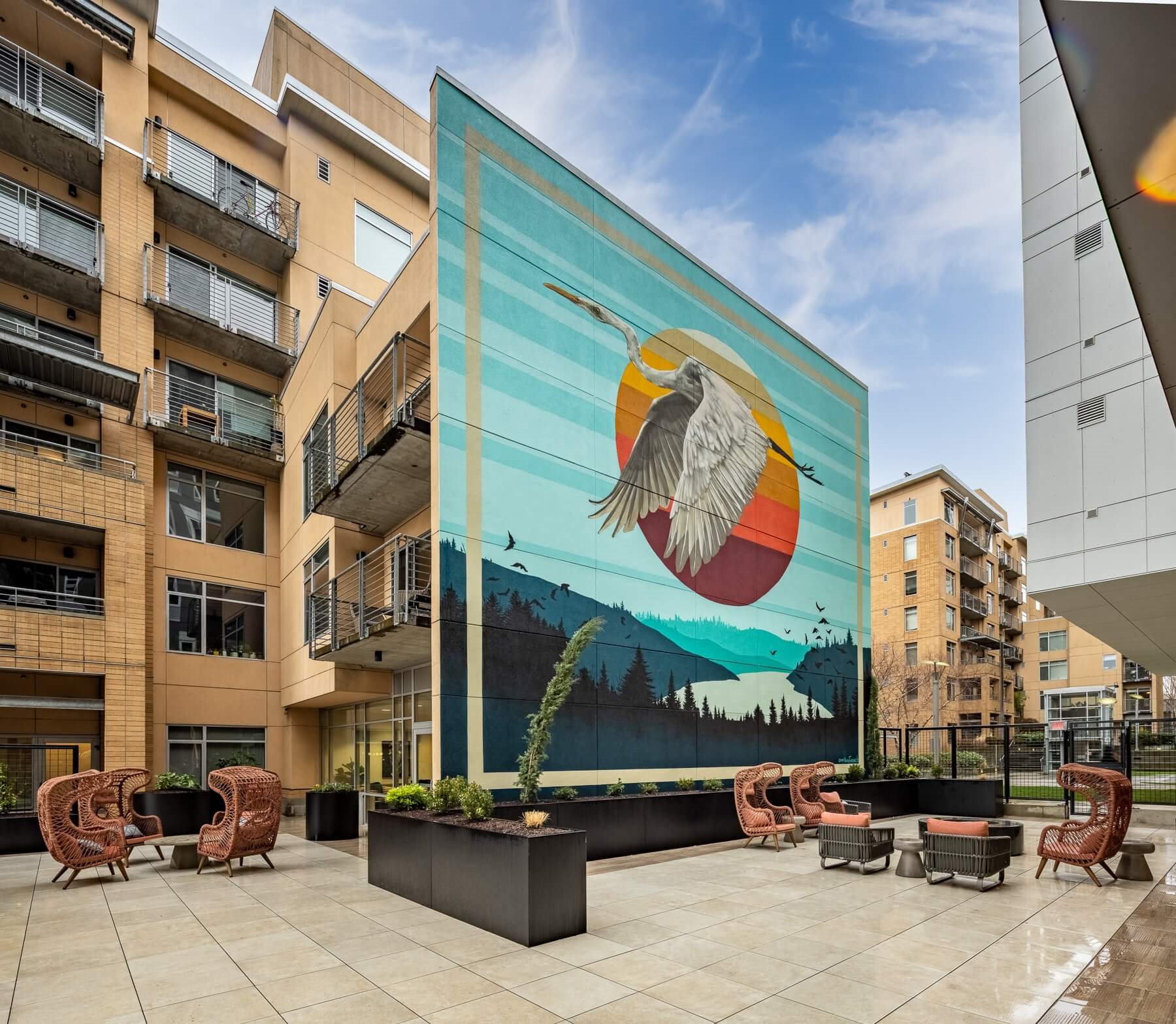 Egret Sunset Mural Outdoor Courtyard - Coen & Columbia