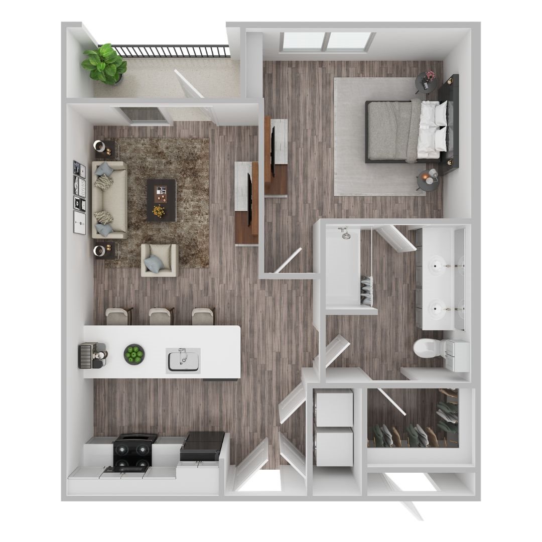 A 3D floor plan of a small apartment with a kitchen, living room, and bathroom.