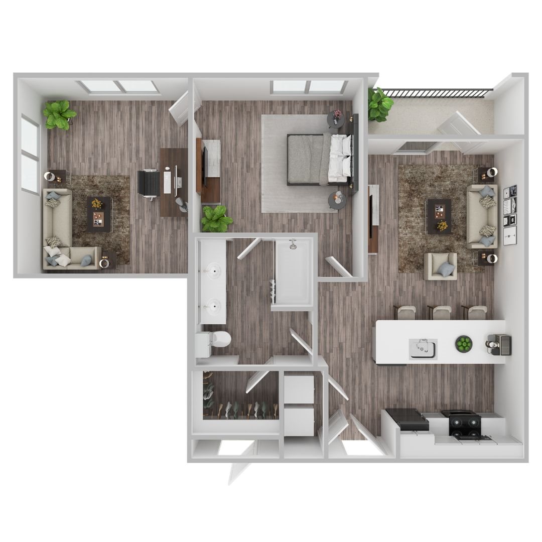 A 3D rendered image of a modern apartment layout.