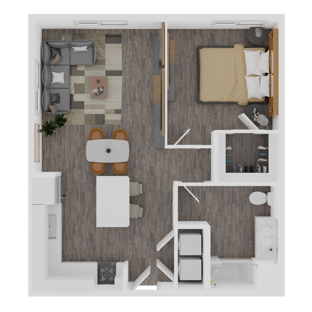 A top-down view of a modern kitchen with a dining area.
