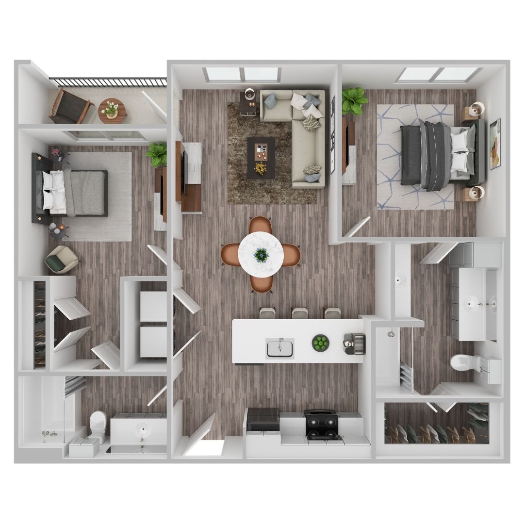 A top-down view of a modern apartment layout with a central dining area, living room, kitchen, and bedroom.