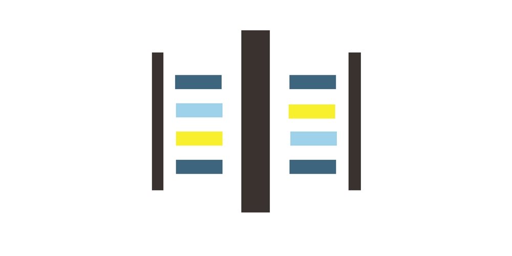 A graphic with a series of vertical bars in shades of blue, yellow, and grey.