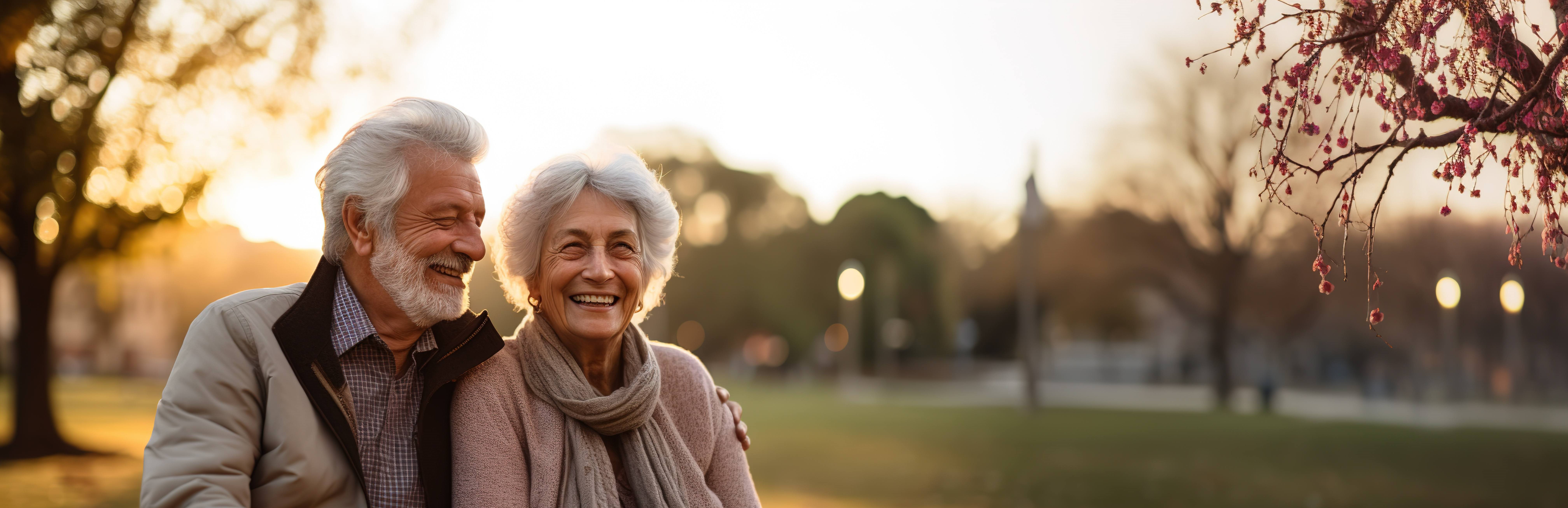An elderly couple is standing in a park with trees and grass around them.