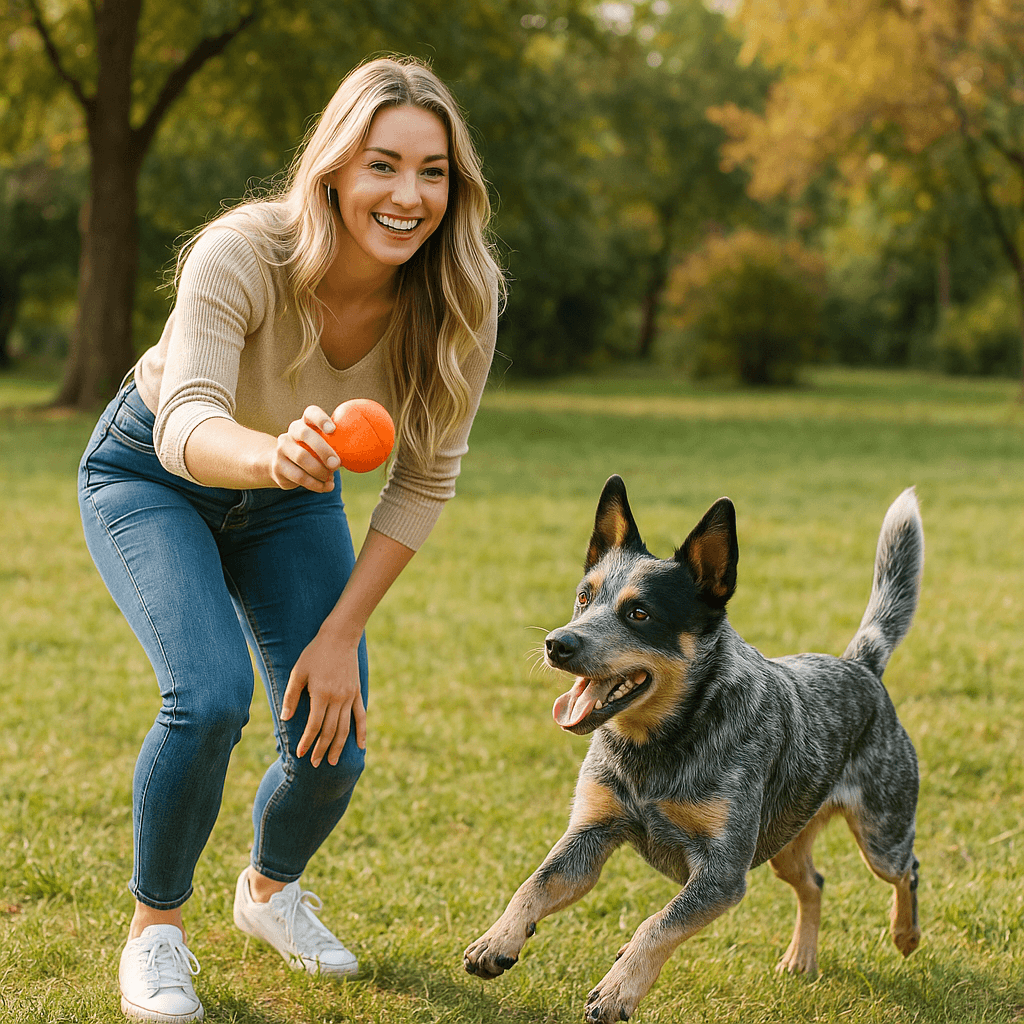 Girl playing with her dog at Creed Canyon's dog park in Sherman TX